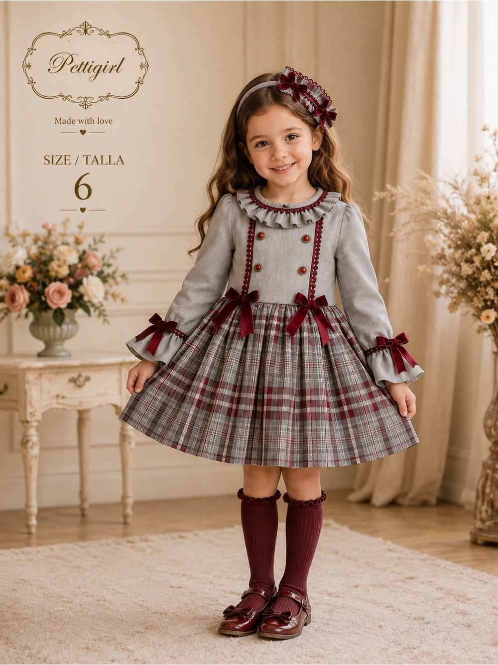 Girls' Burgundy & Gray Plaid Ruffle-Trim Formal Dress